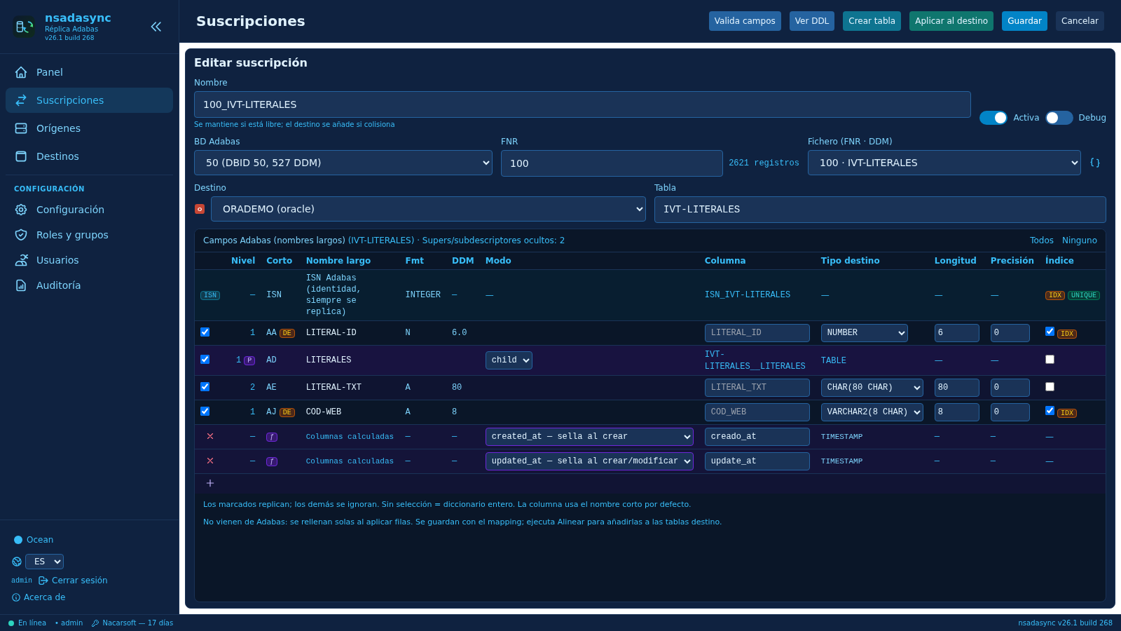 Editor de suscripción de NSAdaSync: validación de campos, preview de DDL, creación de tabla y aplicación al destino