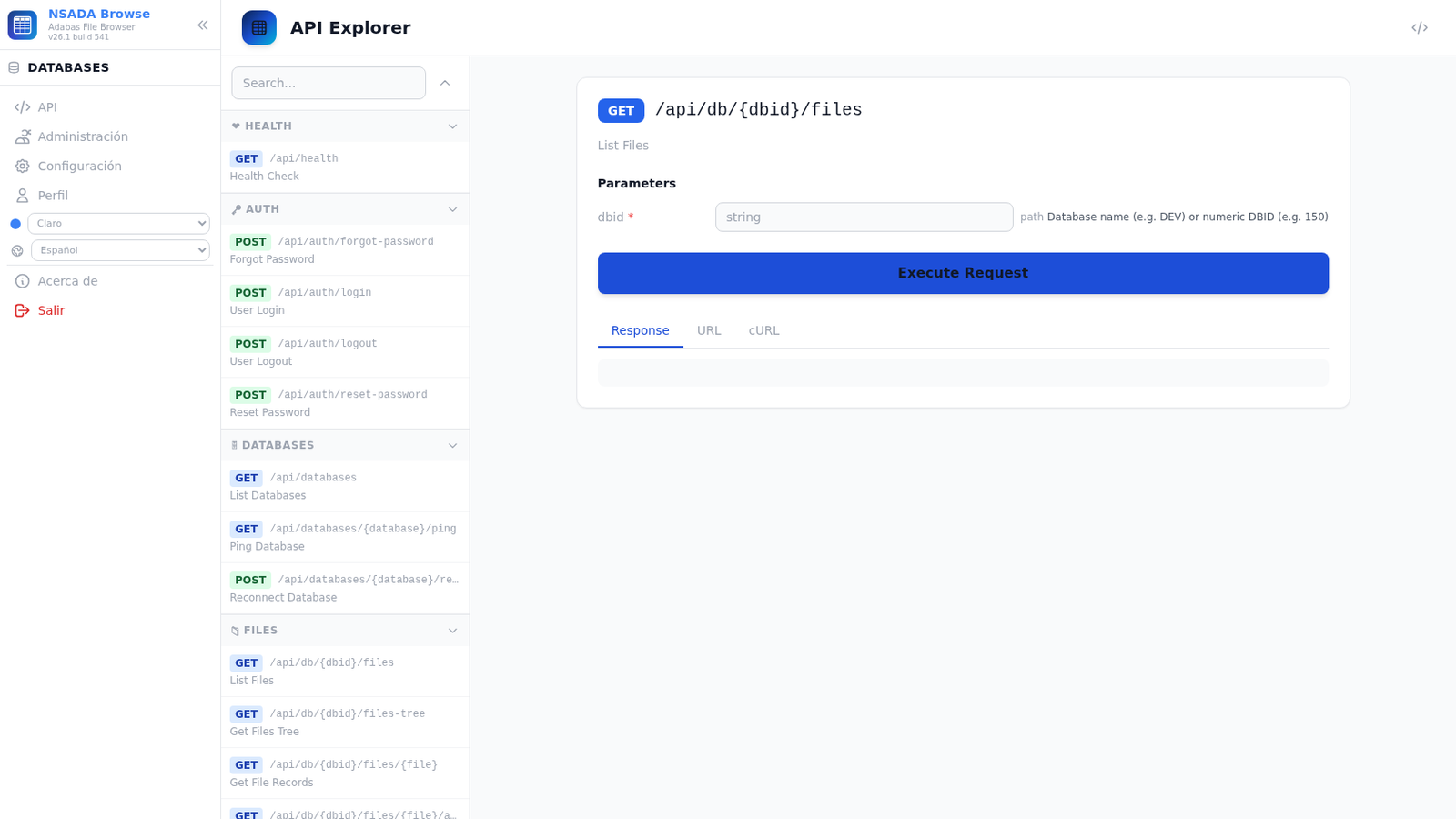 API Explorer: consola REST con los endpoints de OpenAPI 3.0, sus parámetros, Execute Request y la respuesta